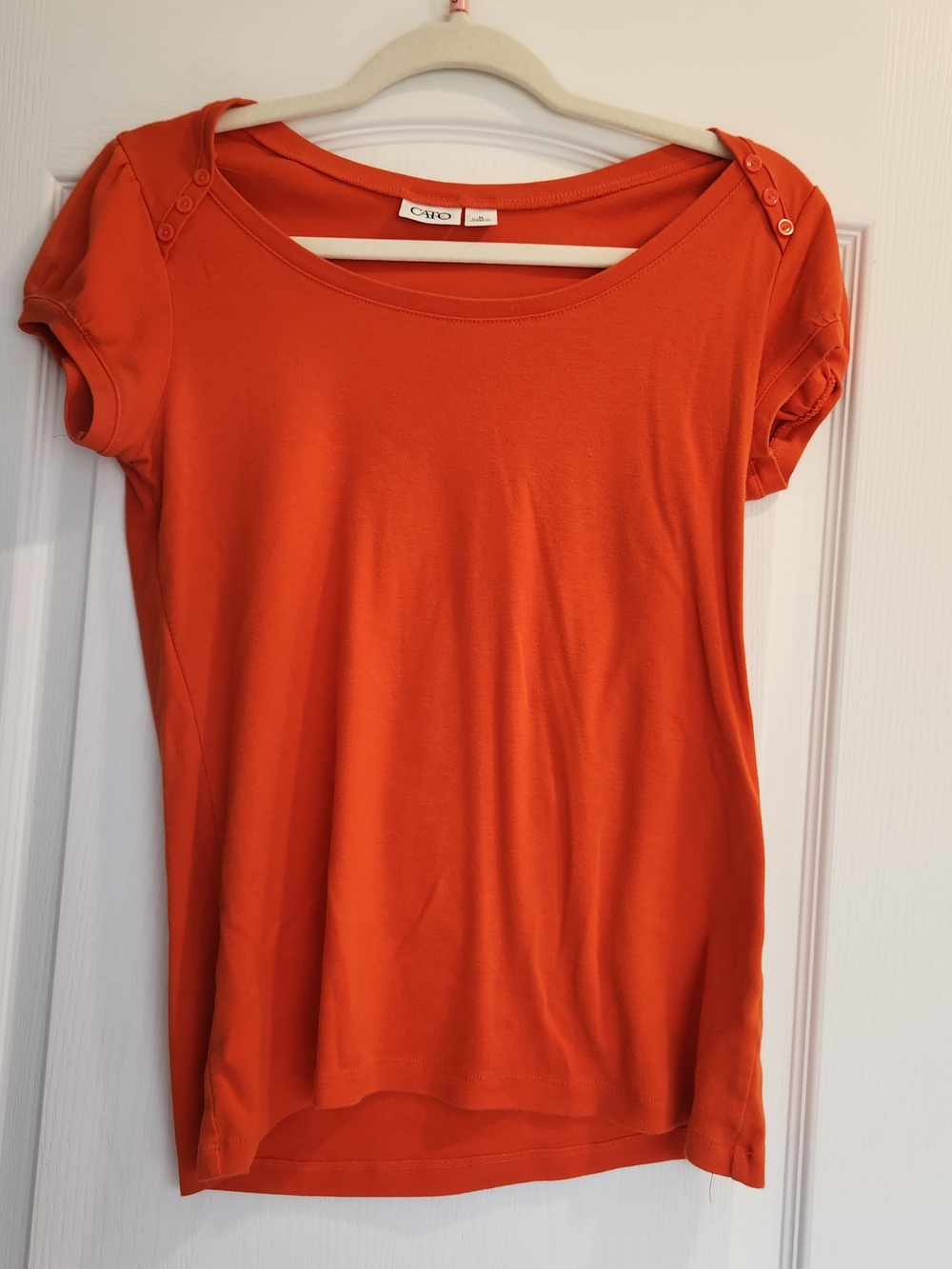 Cato Bright Orange Short Sleeve Scoop Neck Top with Button Detail M EUC